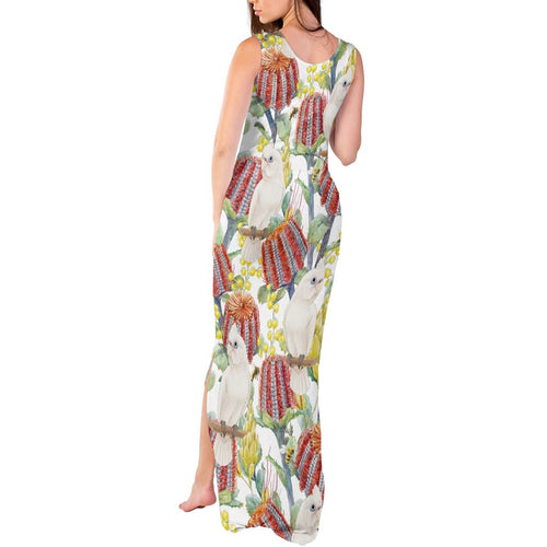 Little Corella Australia Cockatoo Tank Maxi Dress Cacatua Sanguinea Banksia Seamless White - Aussie Hoodie