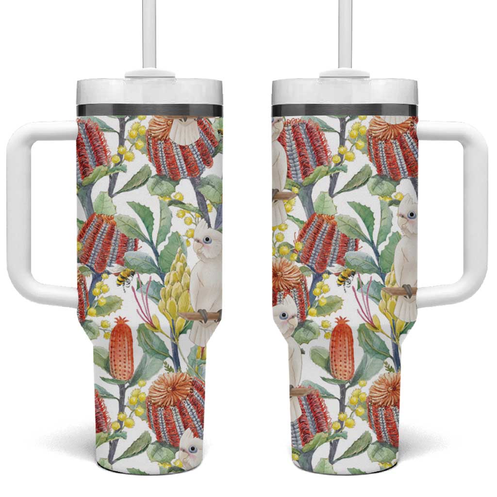 Little Corella Australia Cockatoo Tumbler With Handle Cacatua Sanguinea Banksia Seamless White - Aussie Hoodie