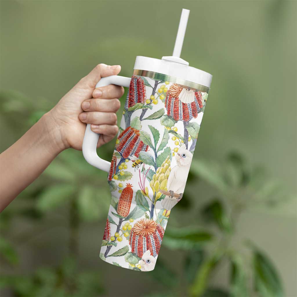 Little Corella Australia Cockatoo Tumbler With Handle Cacatua Sanguinea Banksia Seamless White - Aussie Hoodie