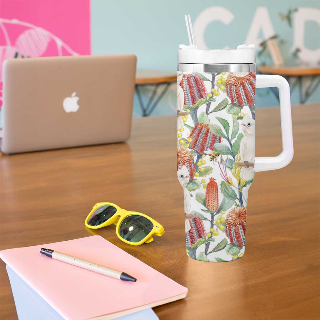 Little Corella Australia Cockatoo Tumbler With Handle Cacatua Sanguinea Banksia Seamless White - Aussie Hoodie