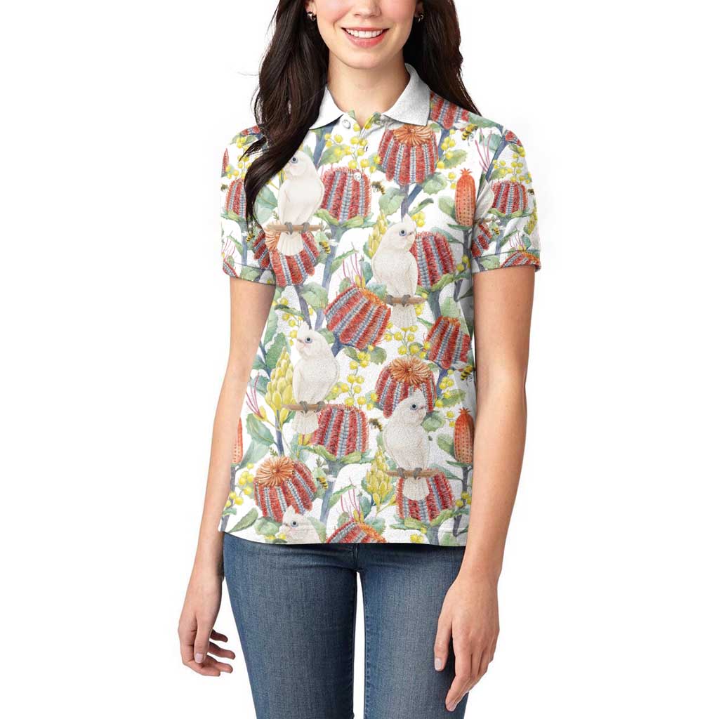 Little Corella Australia Cockatoo Women Polo Shirt Cacatua Sanguinea Banksia Seamless White - Aussie Hoodie