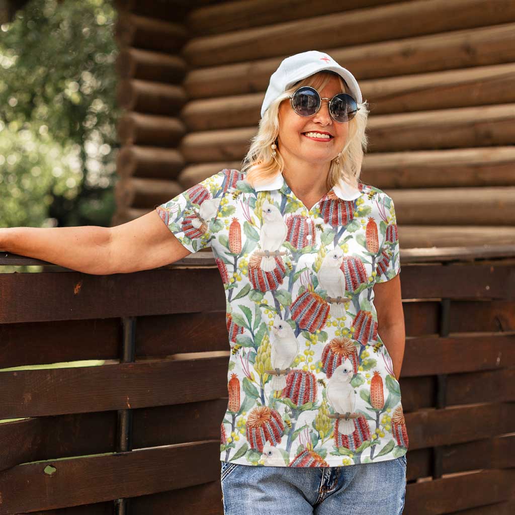 Little Corella Australia Cockatoo Women Polo Shirt Cacatua Sanguinea Banksia Seamless White - Aussie Hoodie