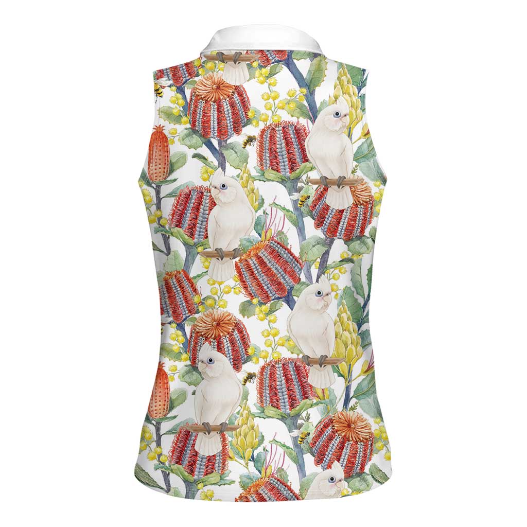 Little Corella Australia Cockatoo Women Sleeveless Polo Shirt Cacatua Sanguinea Banksia Seamless White - Aussie Hoodie