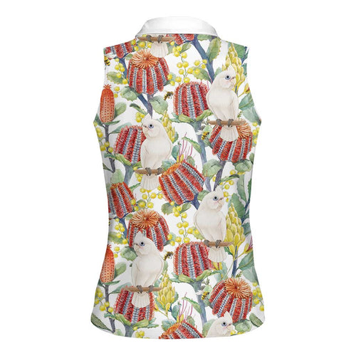 Little Corella Australia Cockatoo Women Sleeveless Polo Shirt Cacatua Sanguinea Banksia Seamless White - Aussie Hoodie