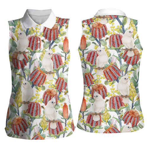 Little Corella Australia Cockatoo Women Sleeveless Polo Shirt Cacatua Sanguinea Banksia Seamless White - Aussie Hoodie