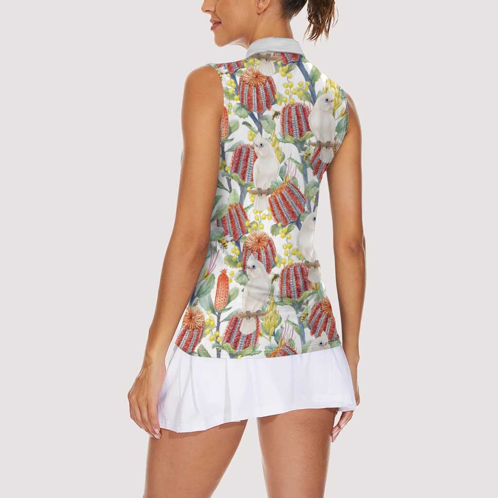 Little Corella Australia Cockatoo Women Sleeveless Polo Shirt Cacatua Sanguinea Banksia Seamless White - Aussie Hoodie
