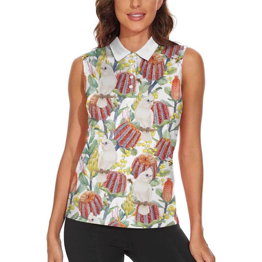 Little Corella Australia Cockatoo Women Sleeveless Polo Shirt Cacatua Sanguinea Banksia Seamless White - Aussie Hoodie