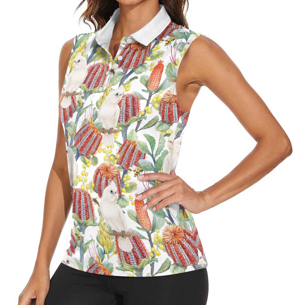 Little Corella Australia Cockatoo Women Sleeveless Polo Shirt Cacatua Sanguinea Banksia Seamless White - Aussie Hoodie