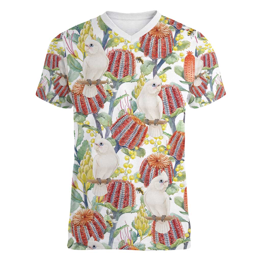 Little Corella Australia Cockatoo Women V-Neck T-Shirt Cacatua Sanguinea Banksia Seamless White - Aussie Hoodie