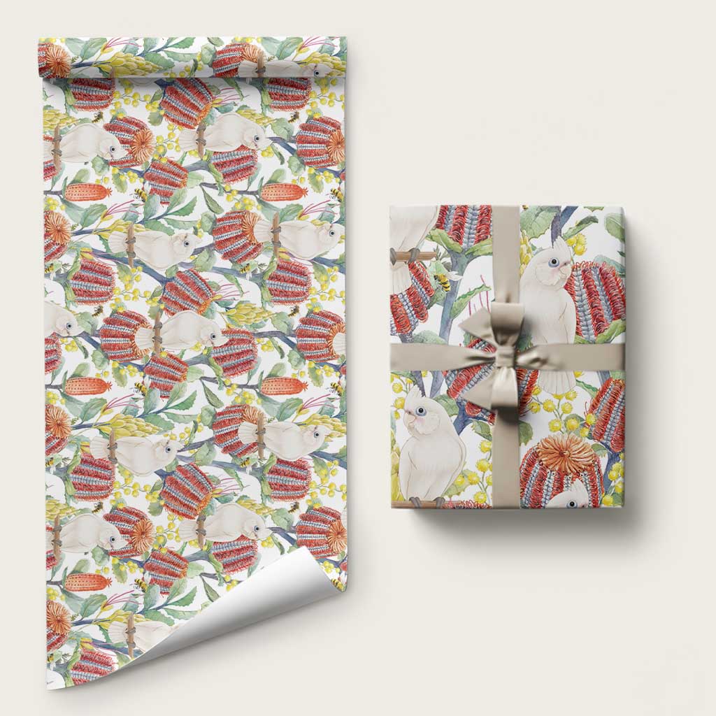 Little Corella Australia Cockatoo Wrapping Paper Cacatua Sanguinea Banksia Seamless White - Aussie Hoodie