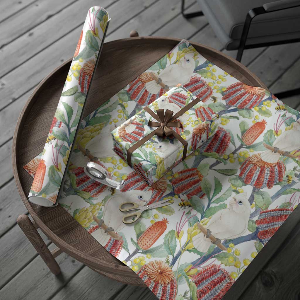 Little Corella Australia Cockatoo Wrapping Paper Cacatua Sanguinea Banksia Seamless White - Aussie Hoodie