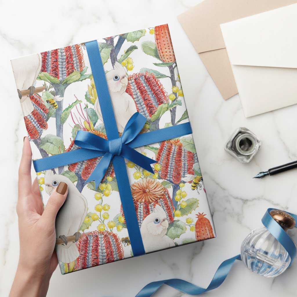 Little Corella Australia Cockatoo Wrapping Paper Cacatua Sanguinea Banksia Seamless White - Aussie Hoodie