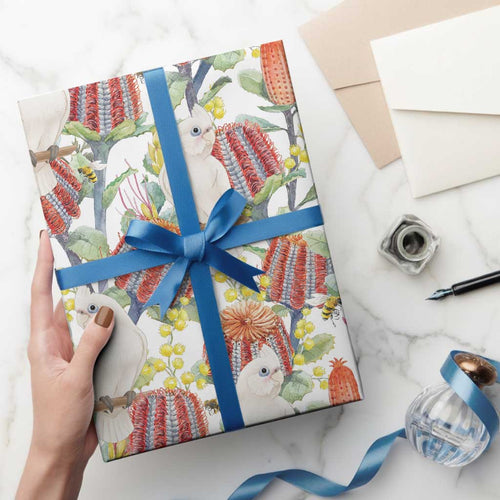 Little Corella Australia Cockatoo Wrapping Paper Cacatua Sanguinea Banksia Seamless White - Aussie Hoodie