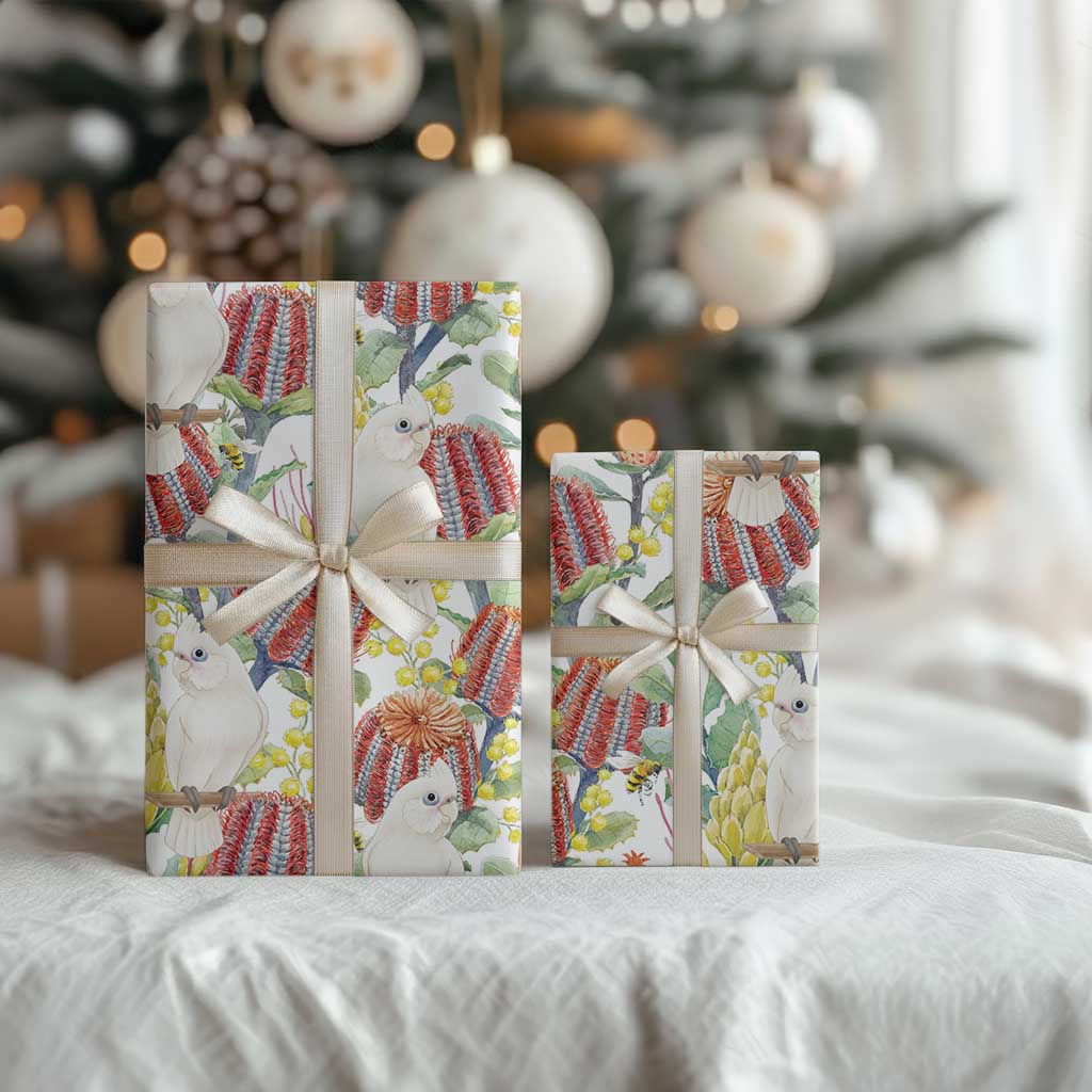 Little Corella Australia Cockatoo Wrapping Paper Cacatua Sanguinea Banksia Seamless White - Aussie Hoodie