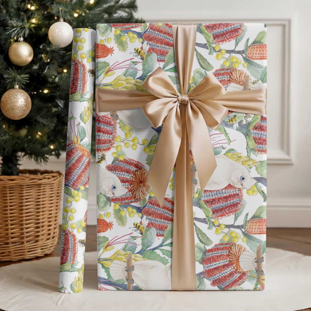 Little Corella Australia Cockatoo Wrapping Paper Cacatua Sanguinea Banksia Seamless White - Aussie Hoodie