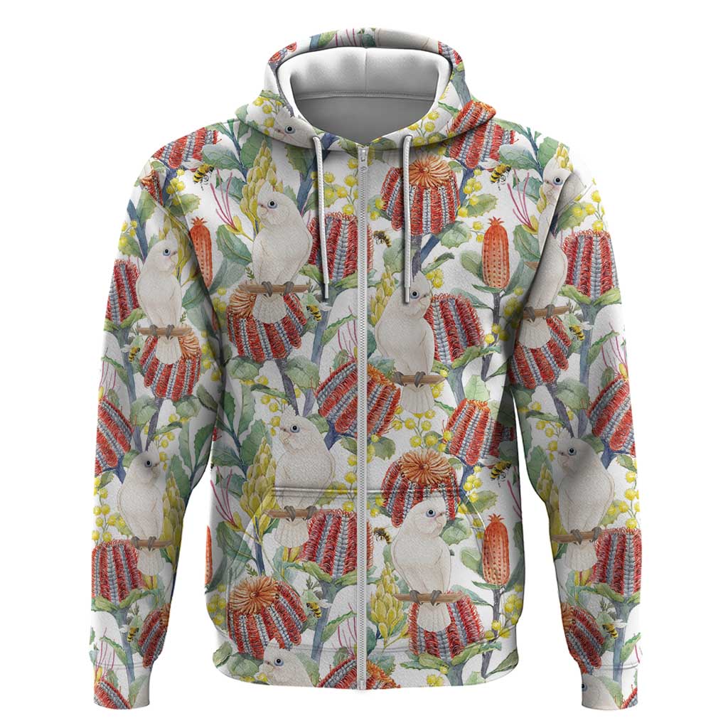 Little Corella Australia Cockatoo Zip Hoodie Cacatua Sanguinea Banksia Seamless White - Aussie Hoodie