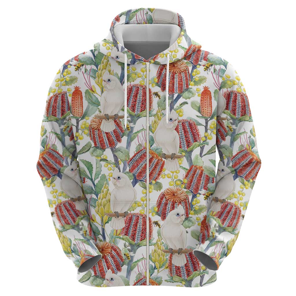 Little Corella Australia Cockatoo Zip Hoodie Cacatua Sanguinea Banksia Seamless White - Aussie Hoodie