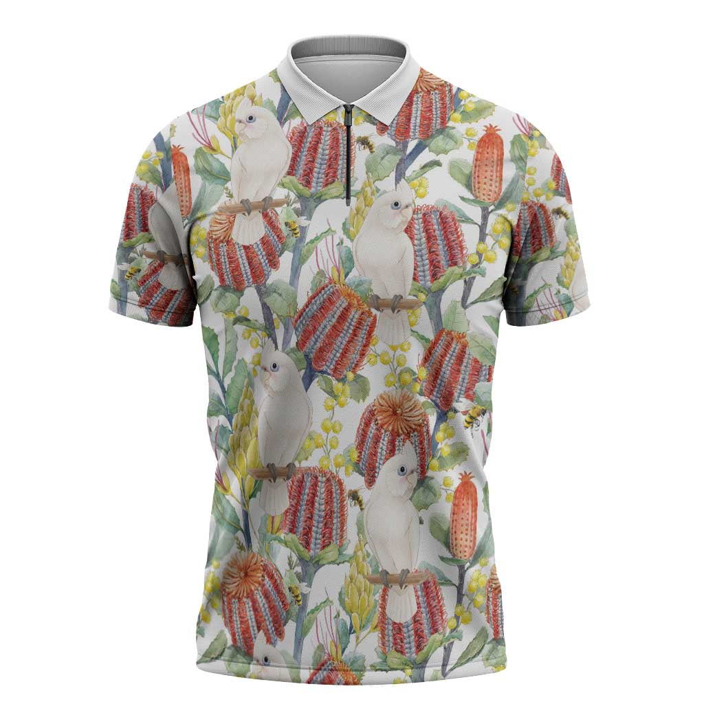 Little Corella Australia Cockatoo Zipper Polo Shirt Cacatua Sanguinea Banksia Seamless White - Aussie Hoodie