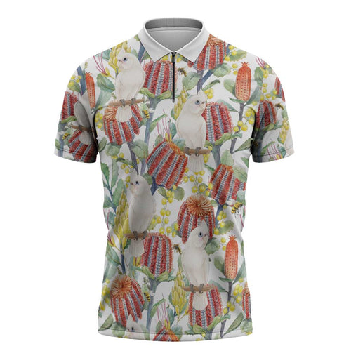 Little Corella Australia Cockatoo Zipper Polo Shirt Cacatua Sanguinea Banksia Seamless White - Aussie Hoodie