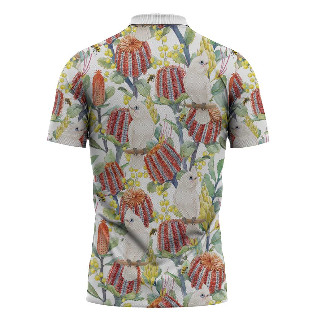 Little Corella Australia Cockatoo Zipper Polo Shirt Cacatua Sanguinea Banksia Seamless White - Aussie Hoodie