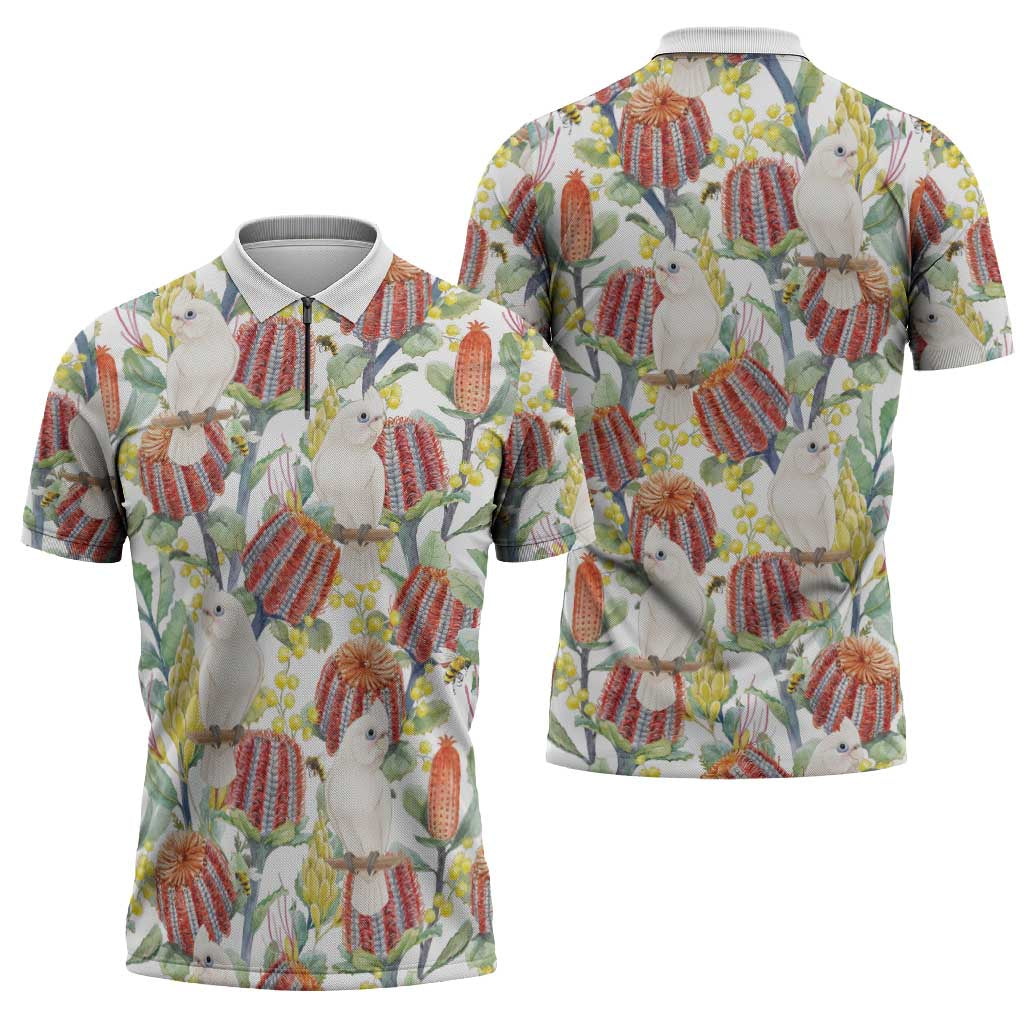 Little Corella Australia Cockatoo Zipper Polo Shirt Cacatua Sanguinea Banksia Seamless White - Aussie Hoodie