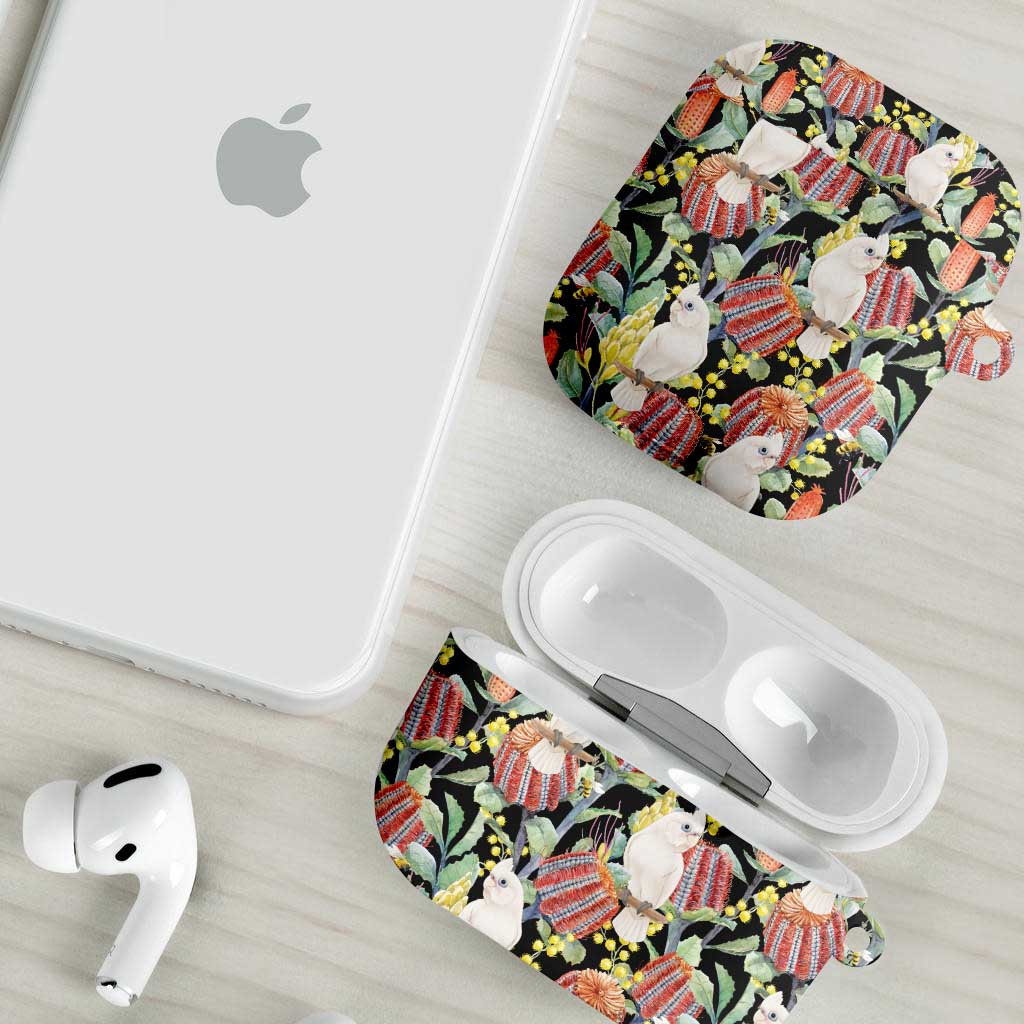 Little Corella Australia Cockatoo AirPods Case Cacatua Sanguinea Banksia Seamless Black - Aussie Hoodie