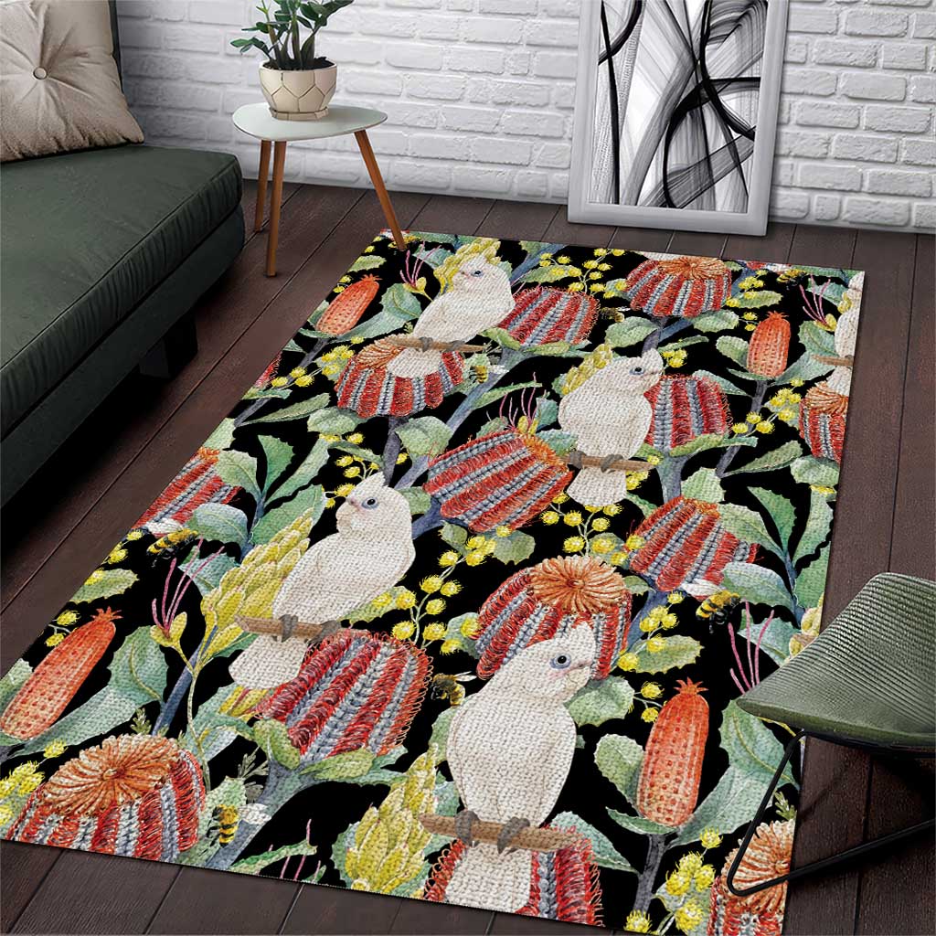 Little Corella Australia Cockatoo Area Rug Cacatua Sanguinea Banksia Seamless Black - Aussie Hoodie