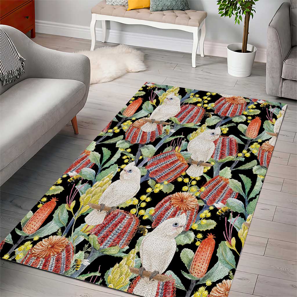 Little Corella Australia Cockatoo Area Rug Cacatua Sanguinea Banksia Seamless Black - Aussie Hoodie