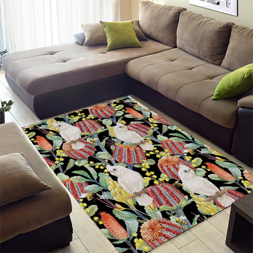 Little Corella Australia Cockatoo Area Rug Cacatua Sanguinea Banksia Seamless Black - Aussie Hoodie