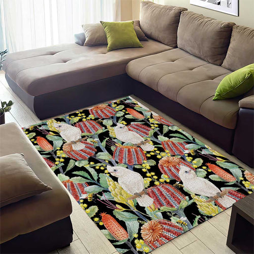 Little Corella Australia Cockatoo Area Rug Cacatua Sanguinea Banksia Seamless Black - Aussie Hoodie