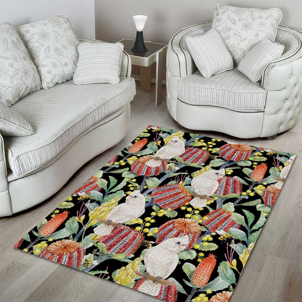 Little Corella Australia Cockatoo Area Rug Cacatua Sanguinea Banksia Seamless Black - Aussie Hoodie