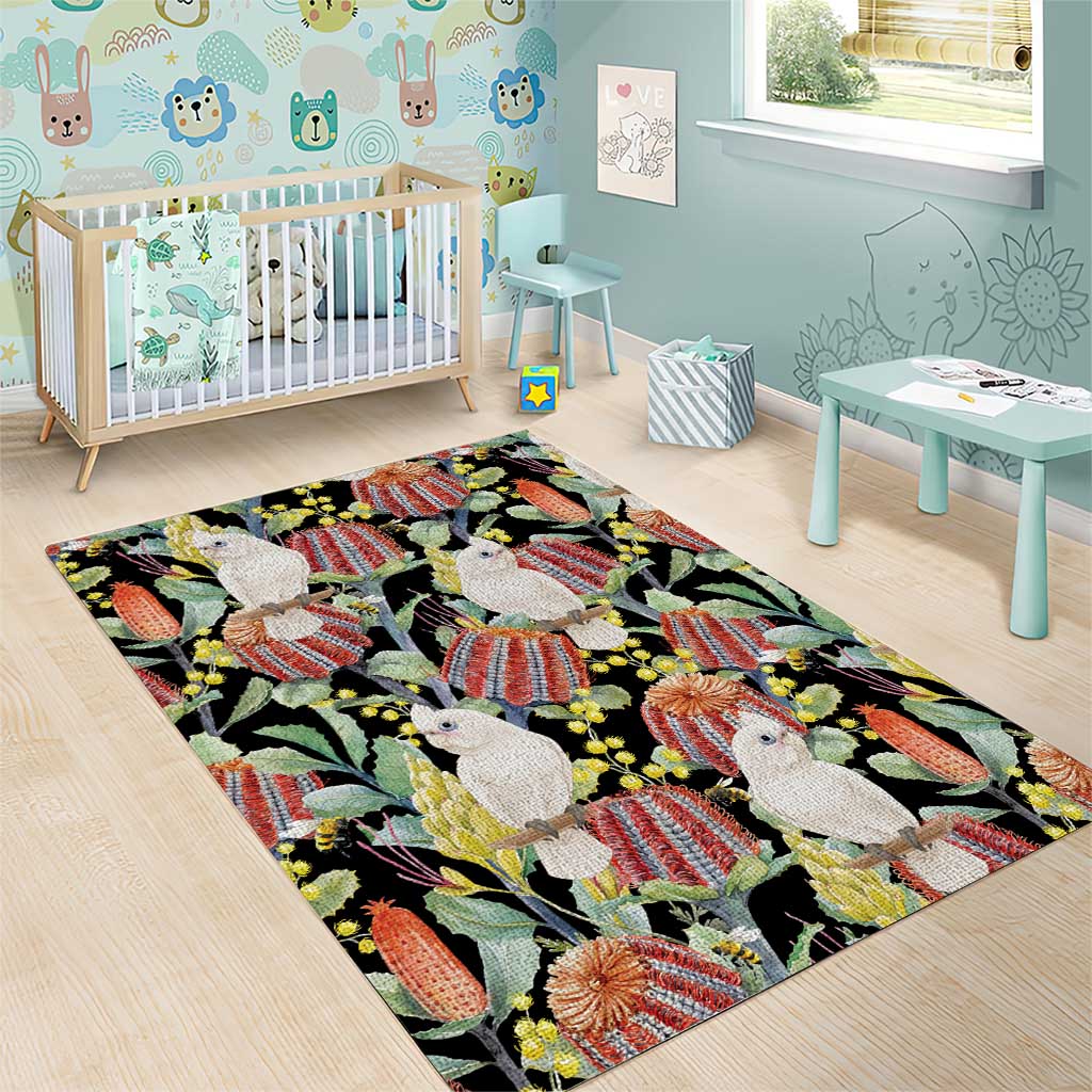Little Corella Australia Cockatoo Area Rug Cacatua Sanguinea Banksia Seamless Black - Aussie Hoodie