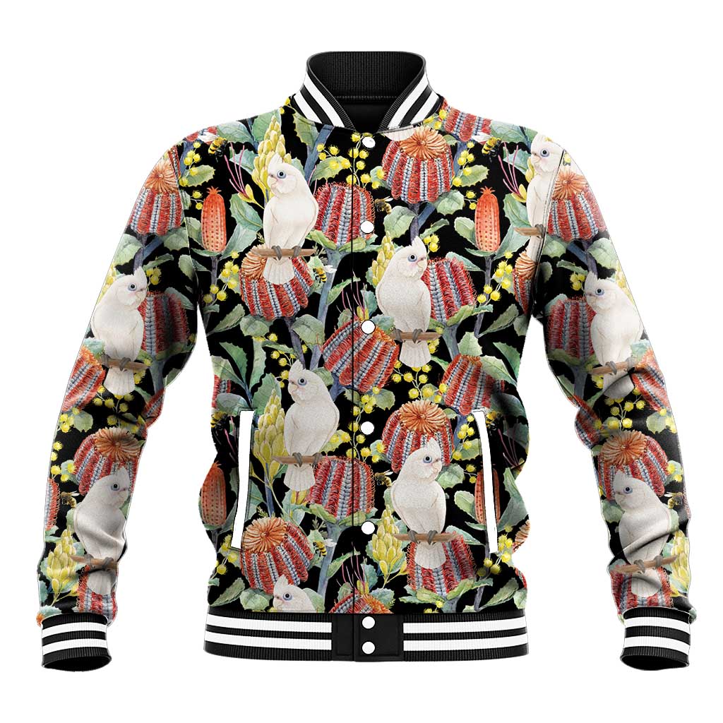 Little Corella Australia Cockatoo Baseball Jacket Cacatua Sanguinea Banksia Seamless Black - Aussie Hoodie
