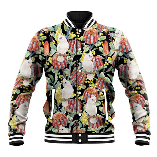 Little Corella Australia Cockatoo Baseball Jacket Cacatua Sanguinea Banksia Seamless Black - Aussie Hoodie