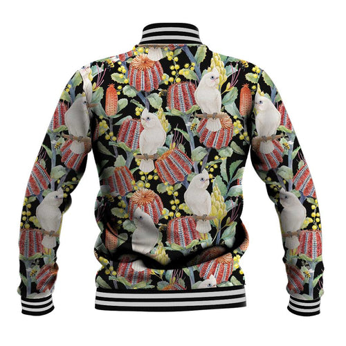 Little Corella Australia Cockatoo Baseball Jacket Cacatua Sanguinea Banksia Seamless Black - Aussie Hoodie