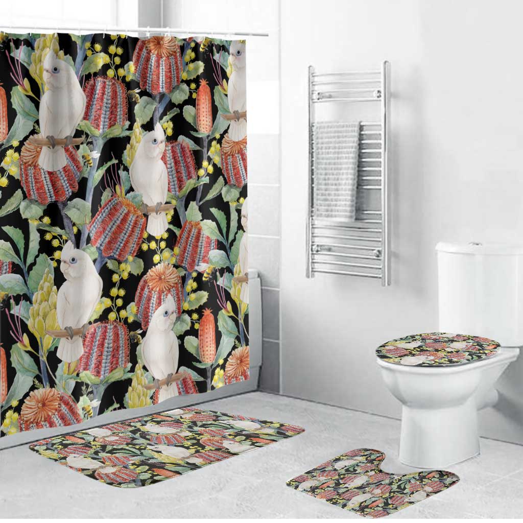 Little Corella Australia Cockatoo Bathroom Set Cacatua Sanguinea Banksia Seamless Black - Aussie Hoodie