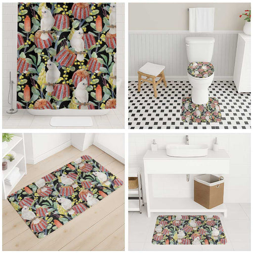 Little Corella Australia Cockatoo Bathroom Set Cacatua Sanguinea Banksia Seamless Black - Aussie Hoodie