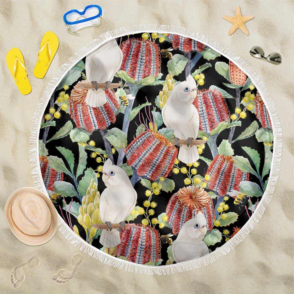 Little Corella Australia Cockatoo Beach Blanket Cacatua Sanguinea Banksia Seamless Black - Aussie Hoodie