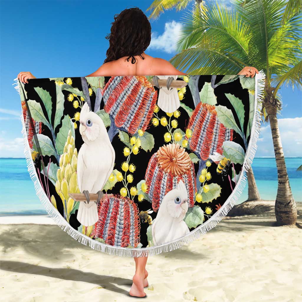 Little Corella Australia Cockatoo Beach Blanket Cacatua Sanguinea Banksia Seamless Black - Aussie Hoodie