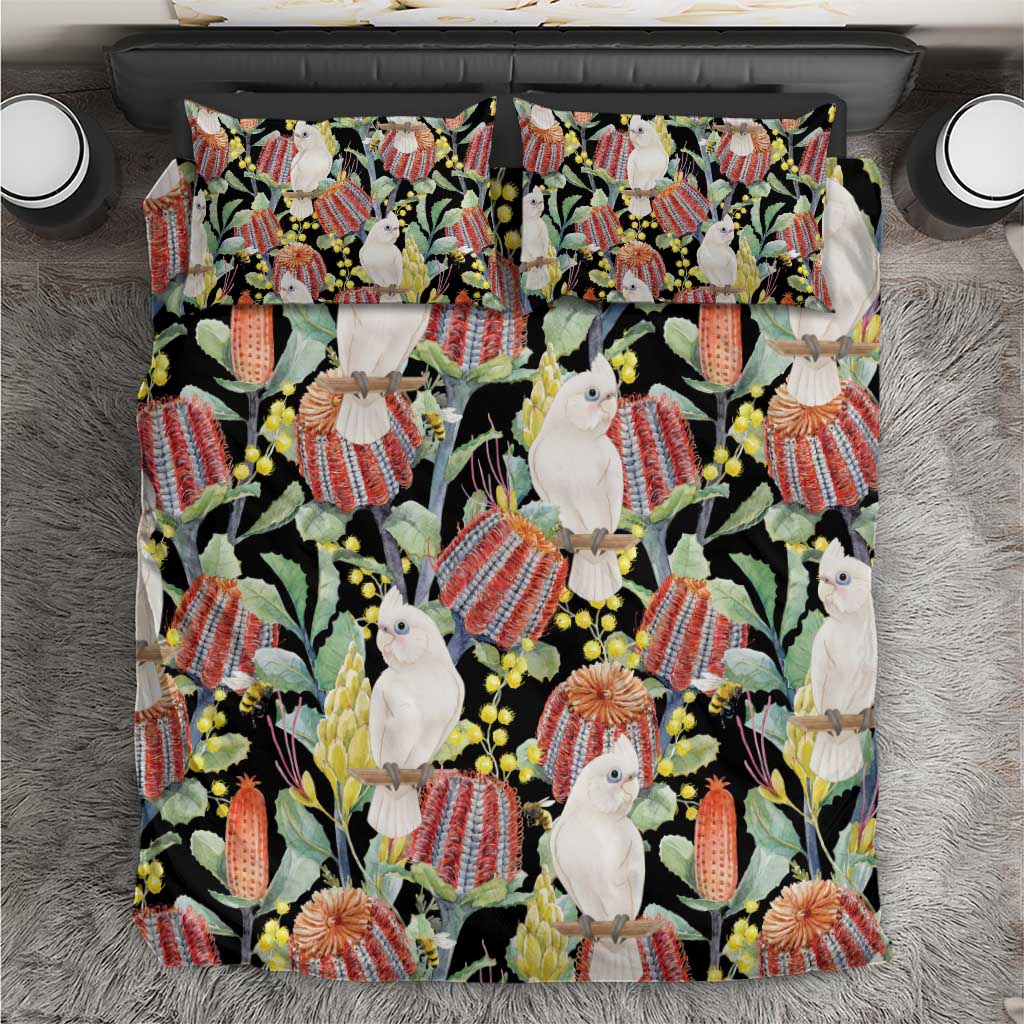 Little Corella Australia Cockatoo Bedding Set Cacatua Sanguinea Banksia Seamless Black - Aussie Hoodie