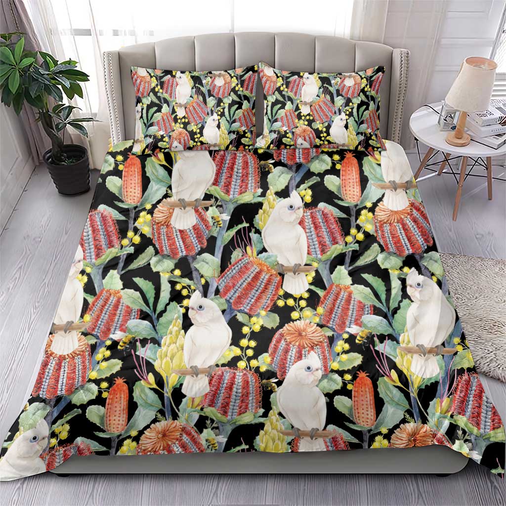 Little Corella Australia Cockatoo Bedding Set Cacatua Sanguinea Banksia Seamless Black - Aussie Hoodie