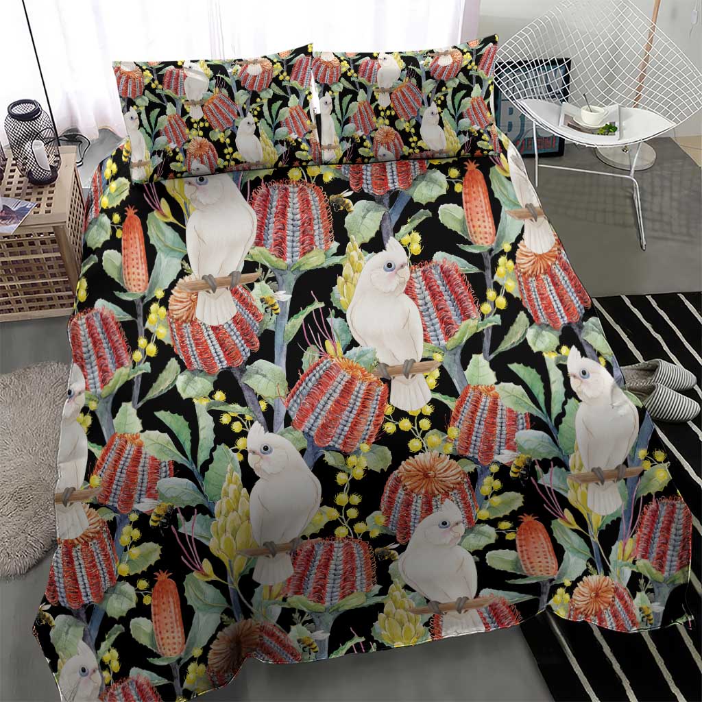 Little Corella Australia Cockatoo Bedding Set Cacatua Sanguinea Banksia Seamless Black - Aussie Hoodie