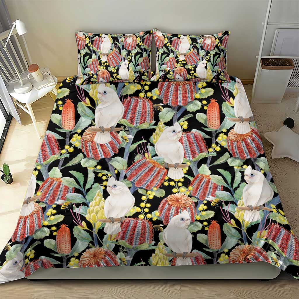 Little Corella Australia Cockatoo Bedding Set Cacatua Sanguinea Banksia Seamless Black - Aussie Hoodie