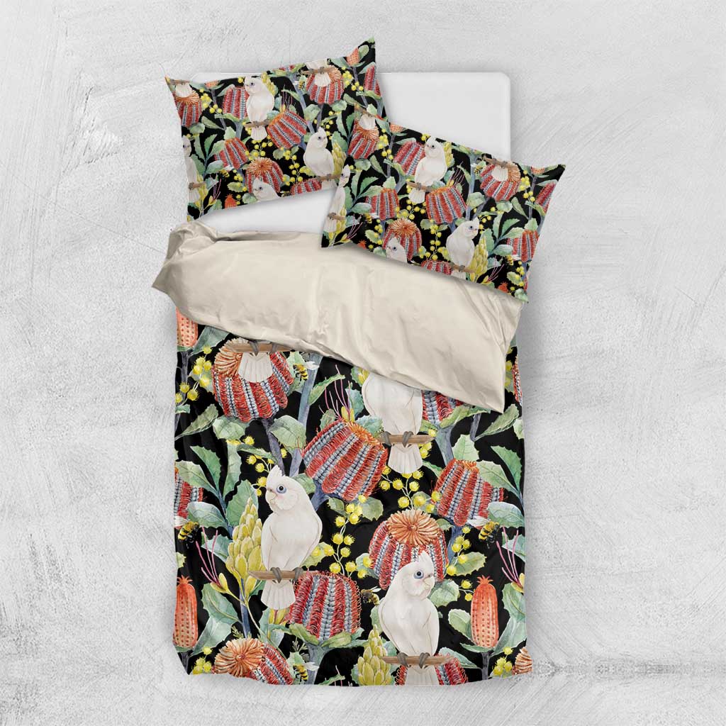 Little Corella Australia Cockatoo Bedding Set Cacatua Sanguinea Banksia Seamless Black - Aussie Hoodie