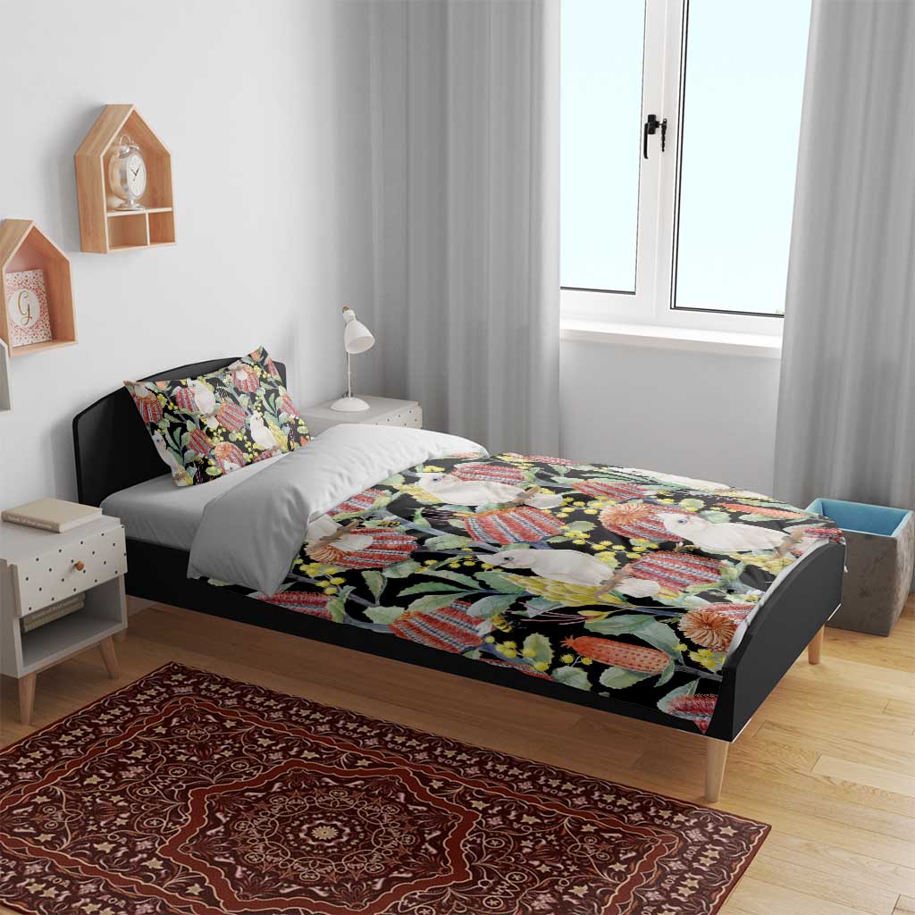 Little Corella Australia Cockatoo Bedding Set Cacatua Sanguinea Banksia Seamless Black - Aussie Hoodie