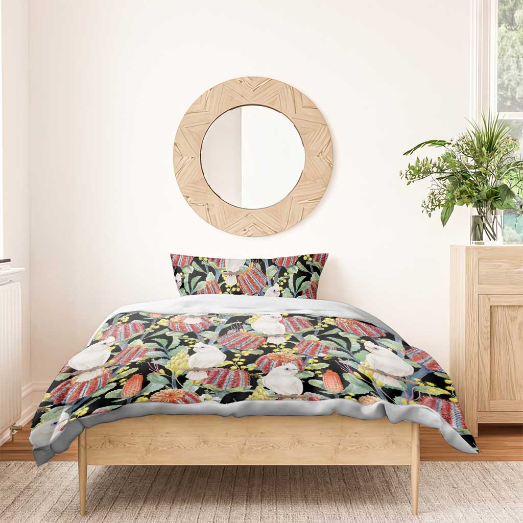 Little Corella Australia Cockatoo Bedding Set Cacatua Sanguinea Banksia Seamless Black - Aussie Hoodie