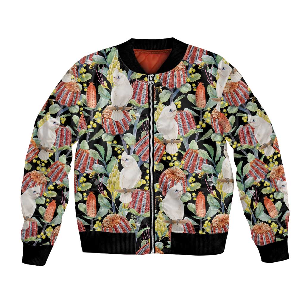 Little Corella Australia Cockatoo Bomber Jacket Cacatua Sanguinea Banksia Seamless Black - Aussie Hoodie