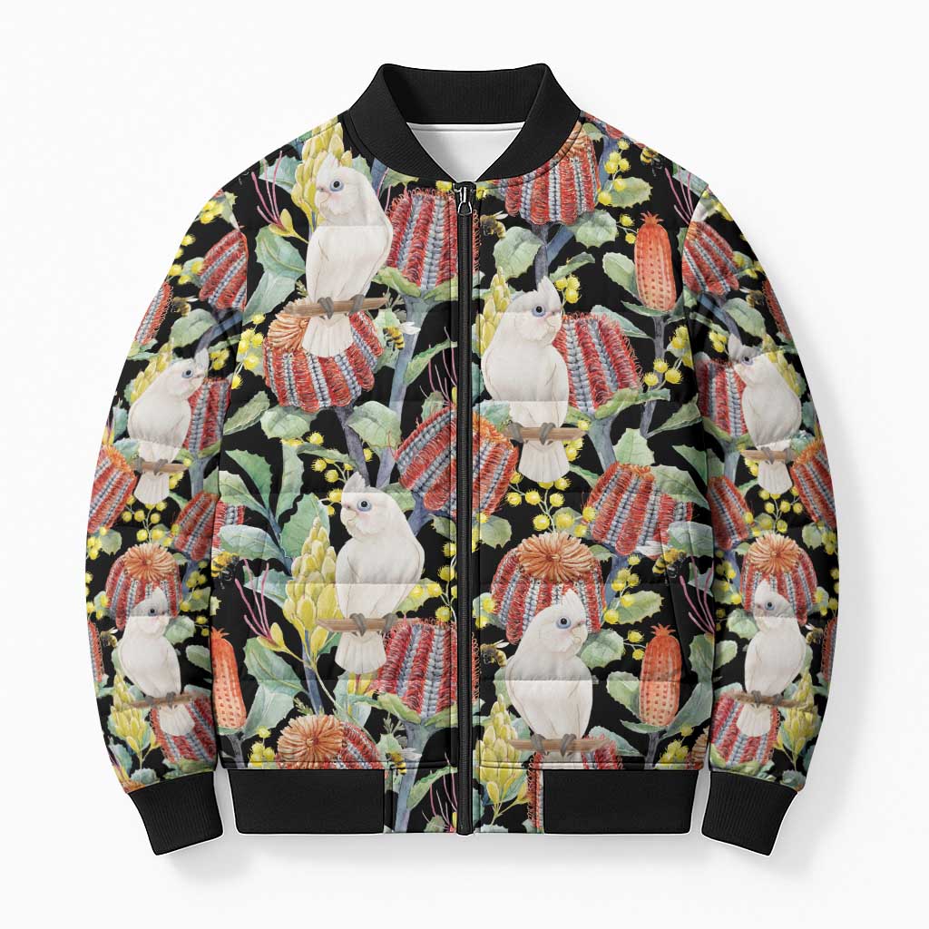 Little Corella Australia Cockatoo Bomber Puffer Jacket Cacatua Sanguinea Banksia Seamless Black - Aussie Hoodie