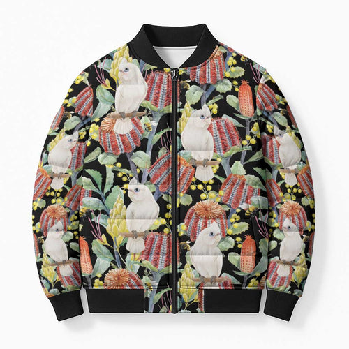 Little Corella Australia Cockatoo Bomber Puffer Jacket Cacatua Sanguinea Banksia Seamless Black - Aussie Hoodie