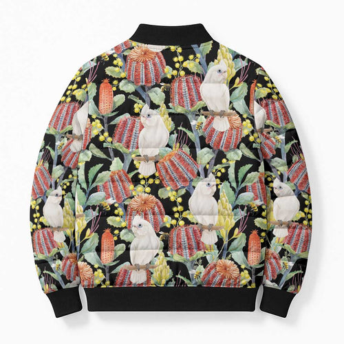Little Corella Australia Cockatoo Bomber Puffer Jacket Cacatua Sanguinea Banksia Seamless Black - Aussie Hoodie